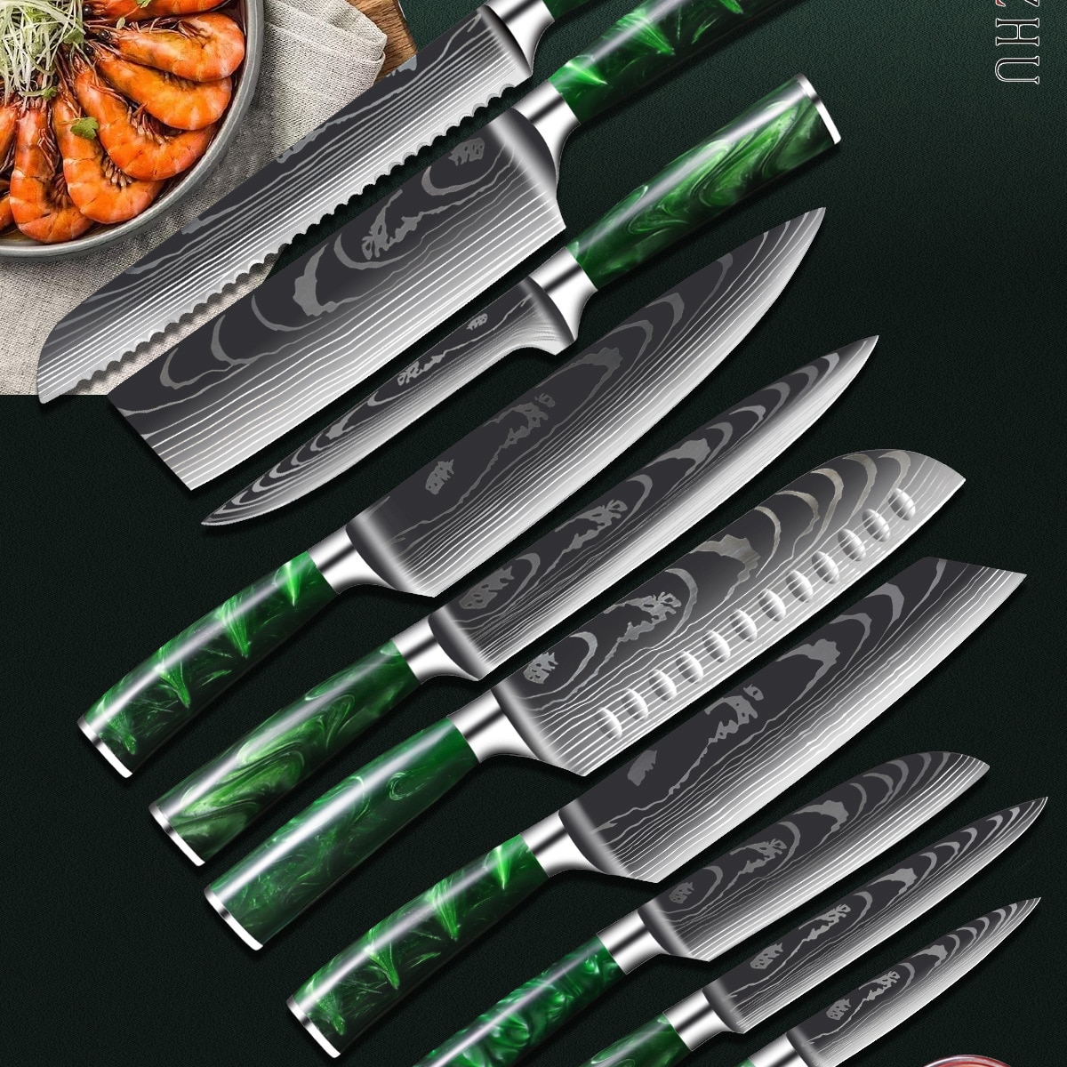 Professionele Keuken Messen Set Japanse High Carbon Staal Chef Messen Imitatie Damascus Patroon Slicer Santokumes Set