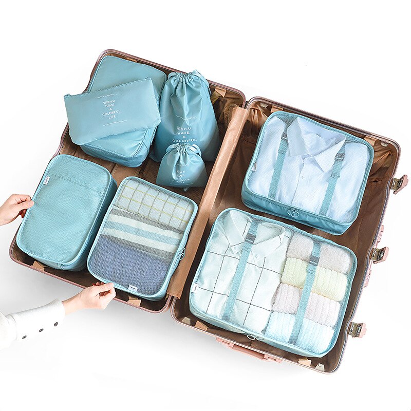Conjunto de bolsas de armazenamento, 8 peças, 6 peças, viagem, casa, roupas, colcha, cobertor, partição de sapatos, organizador ordenado, mala de armário, bolsa, cubo de embalar: 8pcs blue
