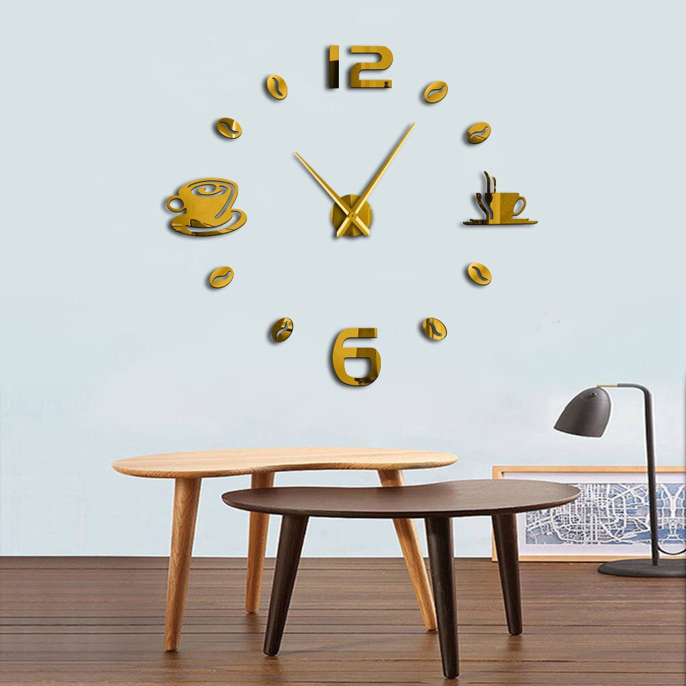 1Piece DIY Coffee Large Numer Wall Clock Modern Coffee Bean Giant Wall Clock 3D Mirror Sticker DIY Huge Wall Watch