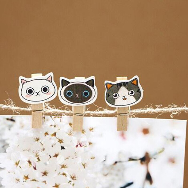 10 stuks/partij schattige cartoonkat schattige houten paperclips / kleine knutselfoto-knijpers