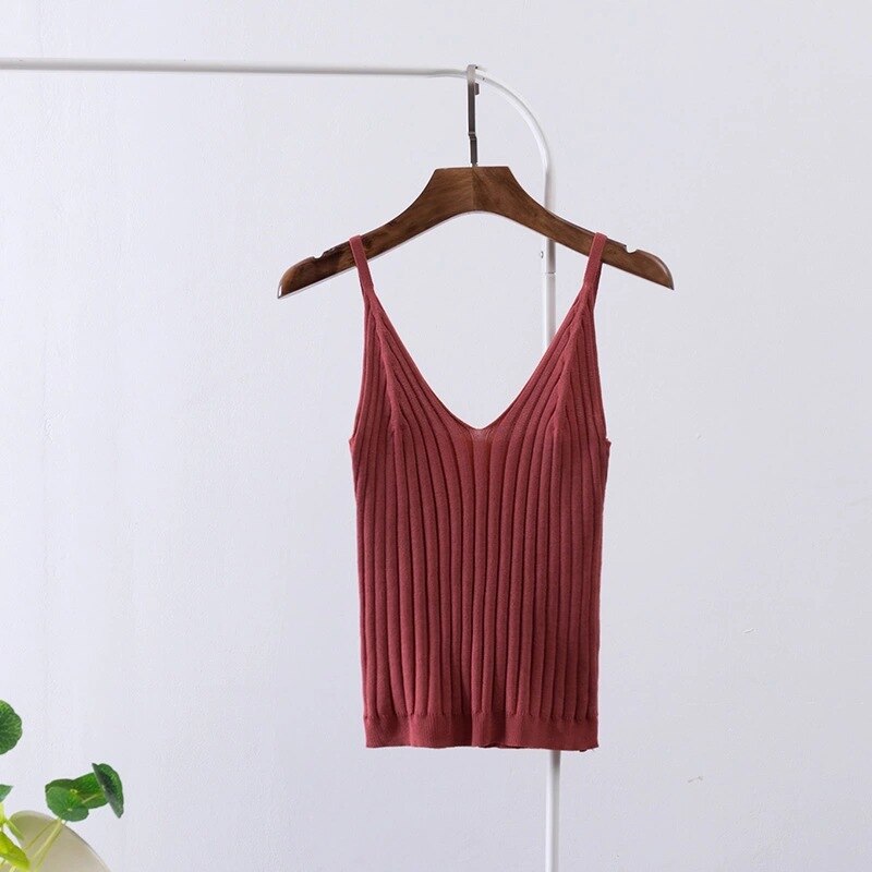 Kvinder sexet strikket crop top crop ærmeløs cropped vest slim sling strikket tank top v-hals almindelig camisole høj elastisk camis