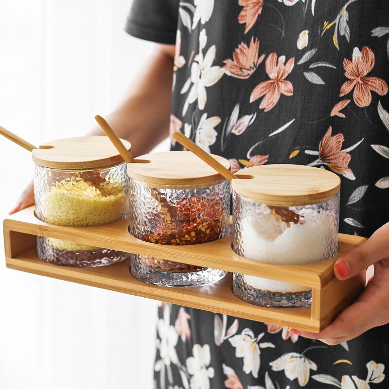 Japanese glass wood lid seasoning pot three piece seasoning box set sauce bottles sugar salt chili cans caster wooden shelf