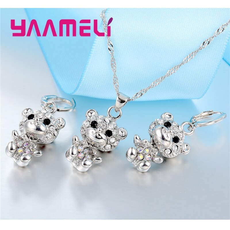 Cool 925 Sterling Silver CZ Stone Animal Bear Charms Necklace Hoop Earring Pendant Jewelry Sets Best for Female