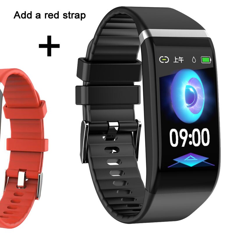 Fitness Bracelet Blood Pressure Pedometer Waterproof Smart Band Heart Rate Monitor Fitness Tracker Watch Men Women Sport Clock: Black add red strap