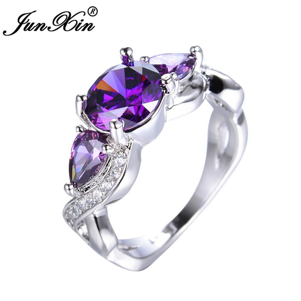 JUNXIN Luxury Female Purple Round Ring White Gold Filled Jewelry Vintage Wedding Engagement Rings For Women