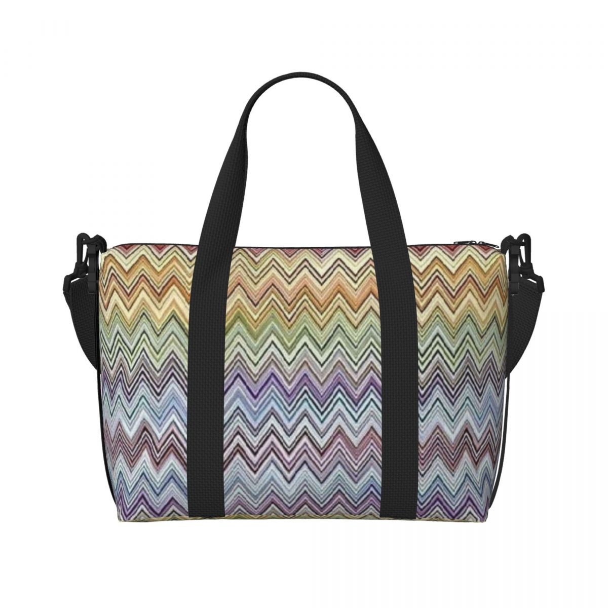 Bolso de mano de playa personalizado Boho Chic moderno en Zigzags para mujer, bolsas de compras de viaje multicolores geométricas para gimnasio Extra grande: Beige