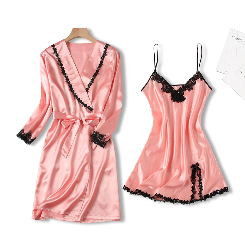 Albornoz fino y cómodo de encaje para el hogar, ropa de dormir Sexy con tirantes de seda, para verano, novedad: Lotus root Pink / M