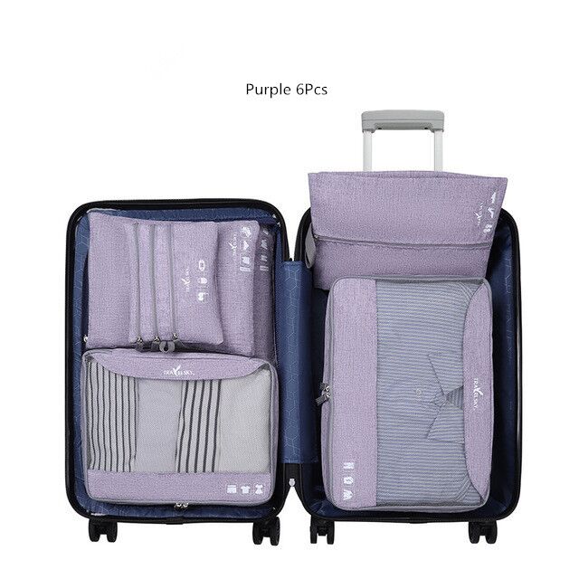 Portable Travel Bags Pouchs Set Storage Bag Suitcase Clothes Cosmetic Organizer Luggage Packing Laundry Accessories Supplies: Purple 6 Pcs