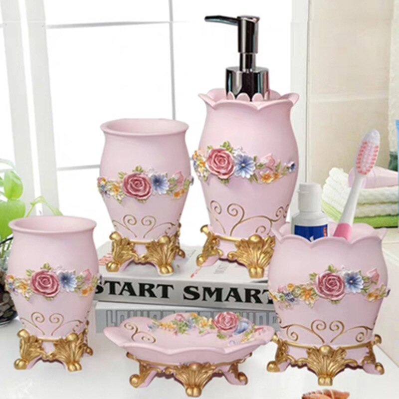 Wedding Bathroom Set- Pink Bathroom Accessories Kit-Red Resin Five-piece Set-Soap Dispenser-Toothbrush Holder