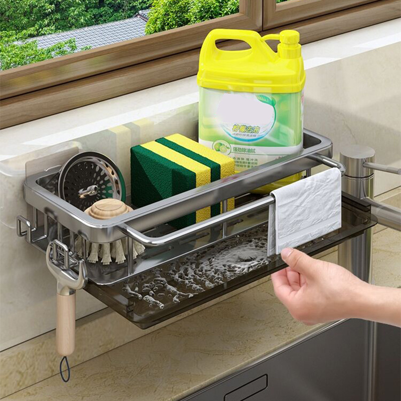 Estante de drenaje multifuncional montado en la pared, estante de cocina sin perforaciones, estante de especias, estante de almacenamiento para fregadero, suministros de cocina, 1 Uds.: Níquel negro
