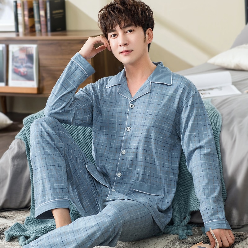 100%  bomulls pyjamas för män 2 stycken lounge nattkläder pyjamas rutig höst sänglinne hem kläder man pjs ren bomull pyjamas set