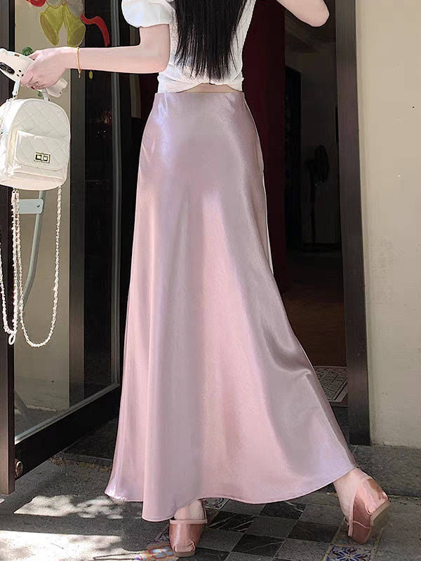 Midaxi-kjol i satin för kvinnor, böljande sjöjungfrukjol med trumpetkant, hög midja och a-linjeformad passform, vårsommar och höstkjolar