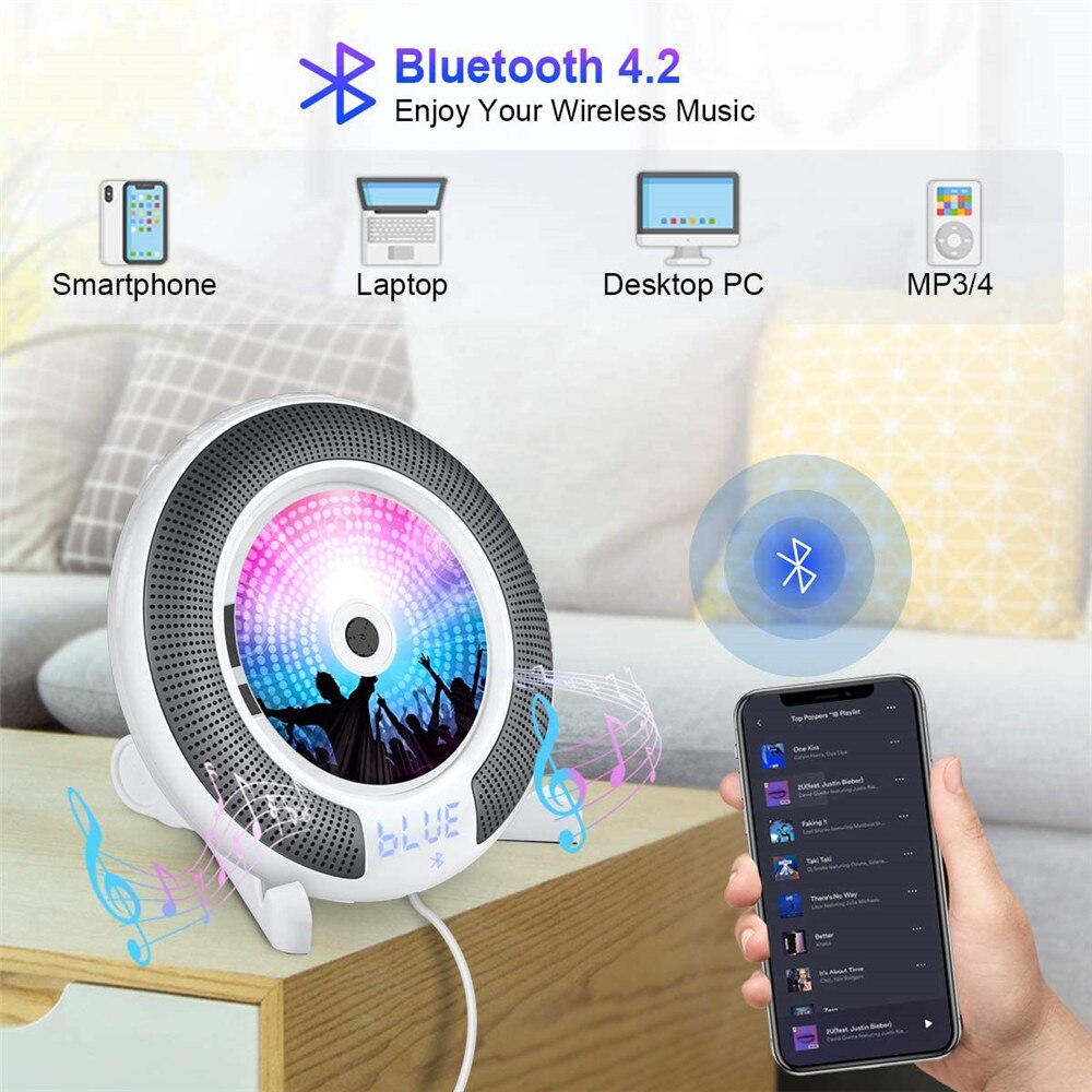 Home Stereo Wall Mounted CD Player With Bluetooth Remote Control Audio FM Radio HiFi Music Built-in Speaker Discman Lecteur CD