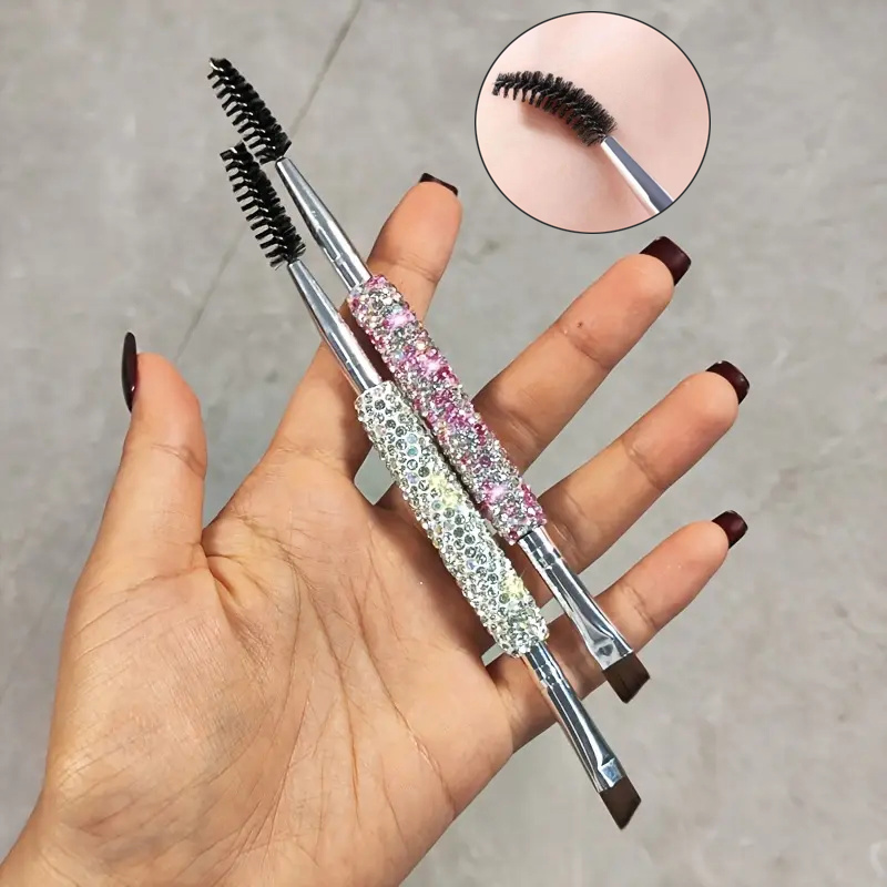 Cepillo para cejas y peine para pestañas, cepillo para cejas en ángulo de doble cabezal, cepillos para cejas, peine para pestañas, peine para tinte de pestañas con mango de diamante