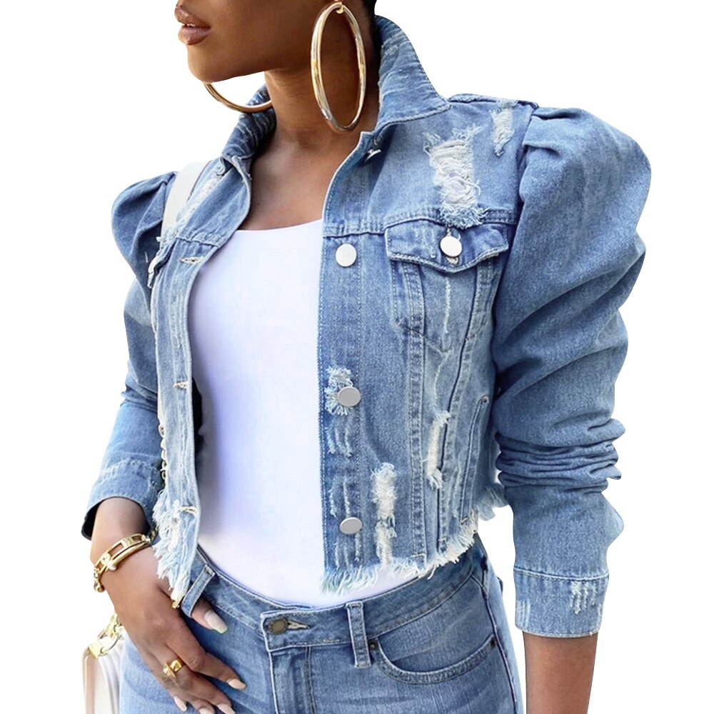 Ladies Denim Jackets Women Casual Stand Collar Hole Ripped Long Sleeve Denim Jacket Women Jeans Coat Outerwear