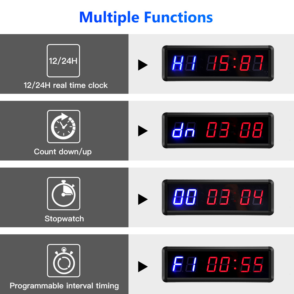 1.5 Inch 6 Digit LED Timer Boxing GYM Crossfit tabata EMOM Interval Programmable Countdown/UP Stopwath Real Time Clock