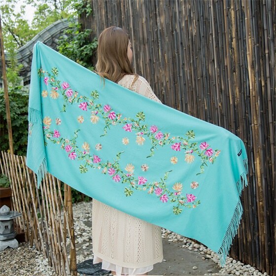Borduren Bloemen Sjaal Vrouwen Kasjmier Katoen Viscose Sjaals Soild Plain Borduur Sjaals Moslim Kwasten Hijaabs GP02: lake blue