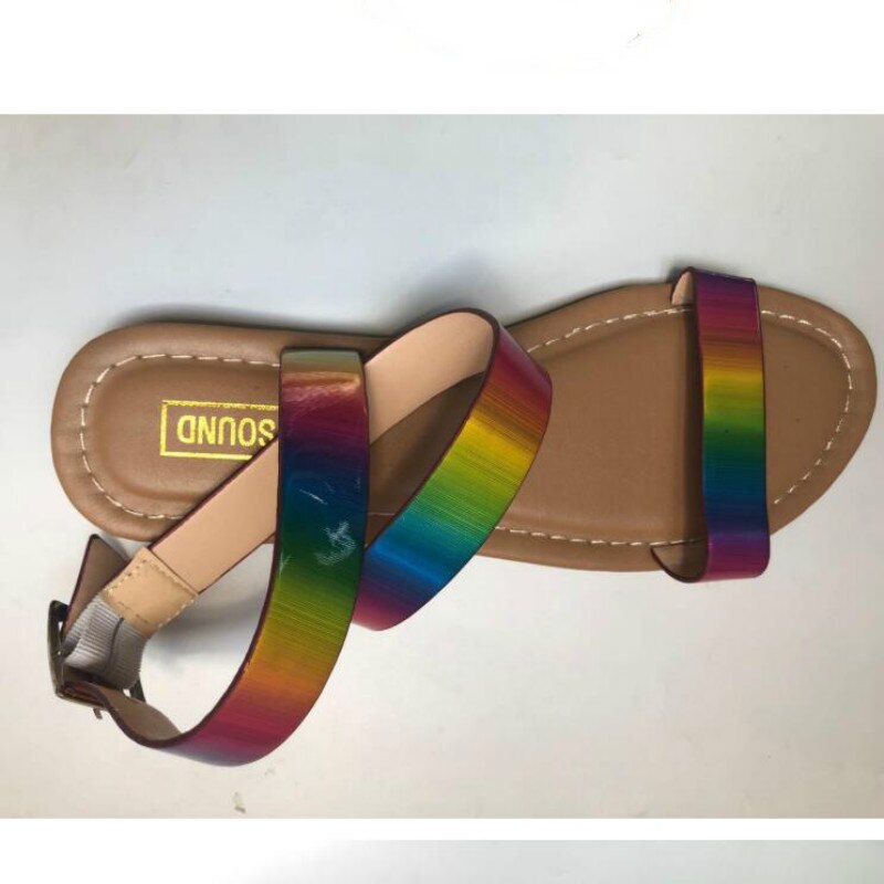 Bunte PU Leder Flache mit Frauen Sommer sandalen mit Schnalle Weiblichen Strand Offene spitze Rom schuhe