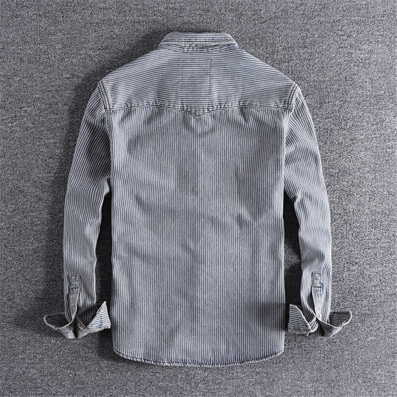 Camisa vaquera de rayas verticales para hombres, ropa urbana, estilo Harajuku japonés, con botones, de manga larga a rayas, de talla grande