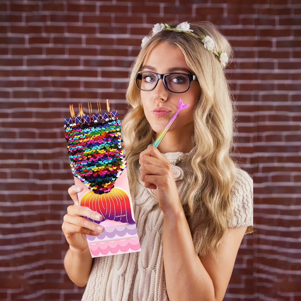 Cute Cartoon Mermaid Book Student School Writting Notebook Girl Flip Sequins Diary Book Set With Pen Keychain Children