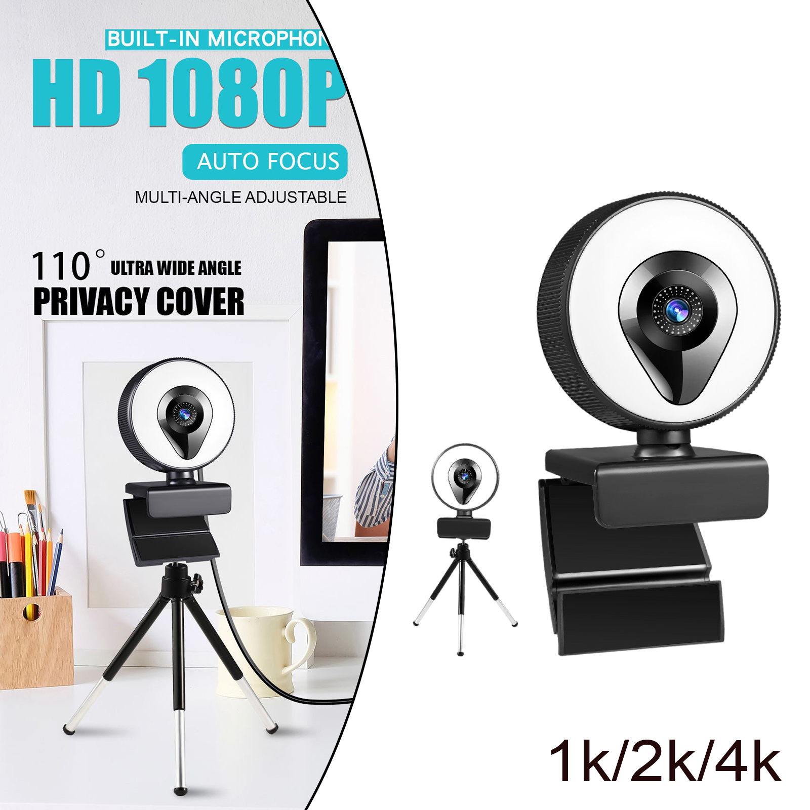 Webcam with Ring Light Microphone and Tripod Plug and Play Adjustable Brightness for Gaming Online Learning PC Laptop Desktop