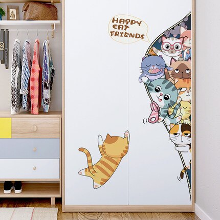 Happy Cat Friends Kids Room Wall Sticker DIY Cartoon Animal Door Stickers Nursery Wall Decals Mural Wallpaper