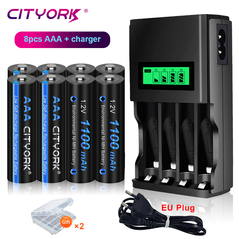CITYORK-pilas recargables de 1,2 V, AAA, 1100mAh, NI-MH, 3A, 4 ranuras, LCD, USB, cargador de batería recargable de 1,2 V, AA, AAA: Verde