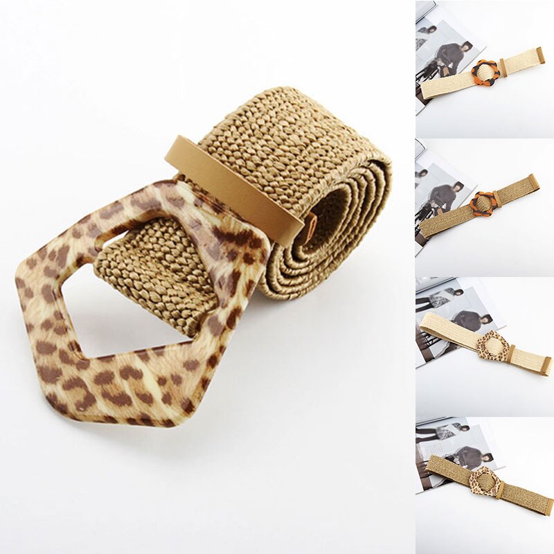 Vintage bohemio cinturón de cintura trenzada, cinturón femenino de verano, cinturones redondos de madera con hebilla, cinturón de corsé ancho de paja falsa, cinturón tejido para mujer