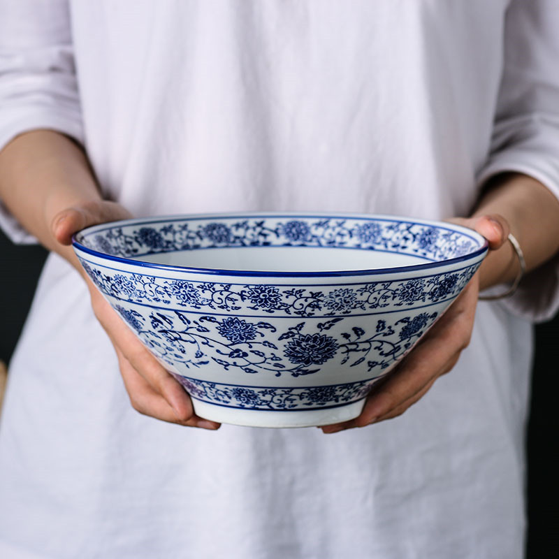 Blue and White Porcelain Hat Soup Bowl Ceramic Chinese Tableware Household Ramen Bowl Restaurant Large Instant Noodle Bowl