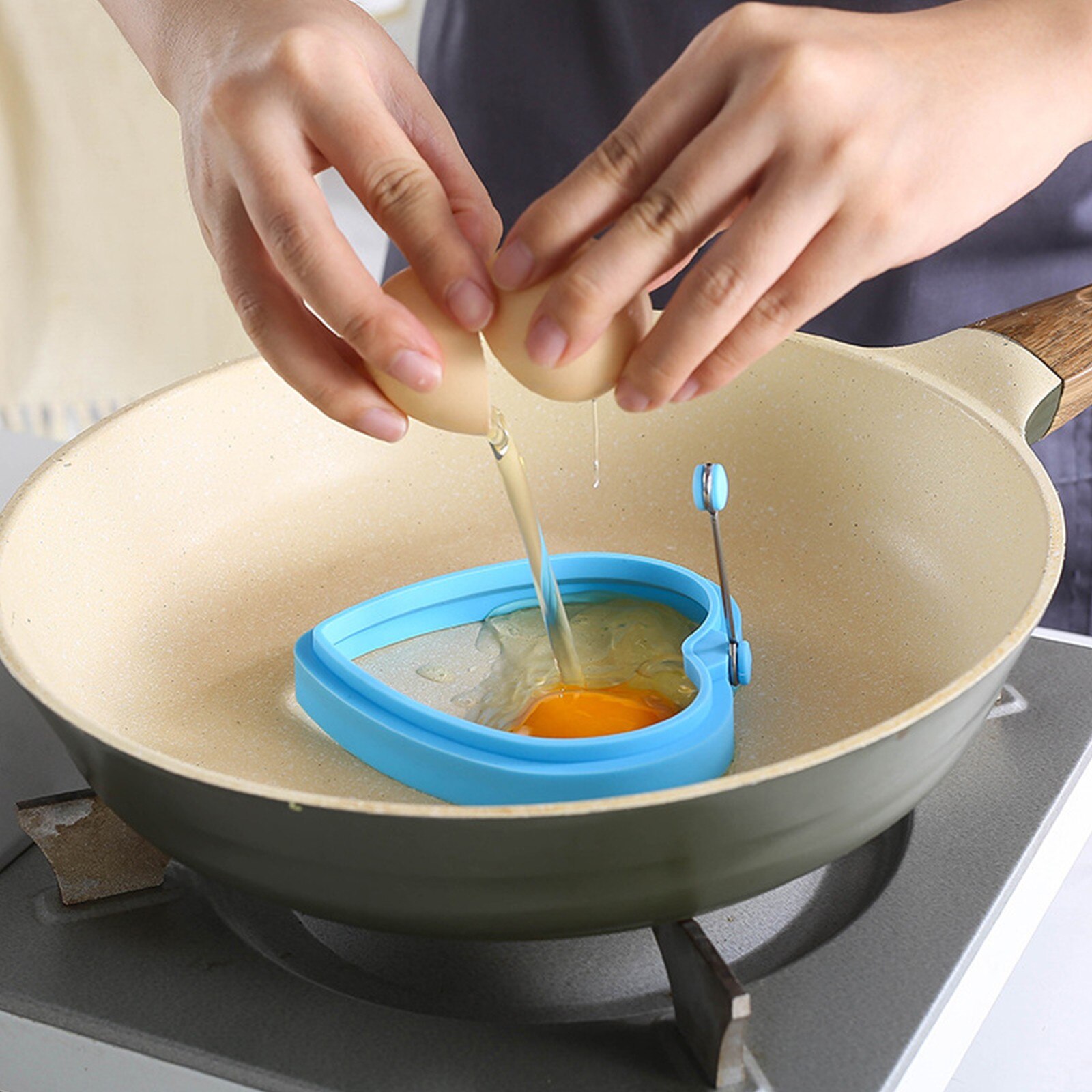 30# Heart Shaped Circular Ring Frying Mold With Handle Non-stick Frying Silicone Mold Kitchen Egg Tool Moldes De Silicona