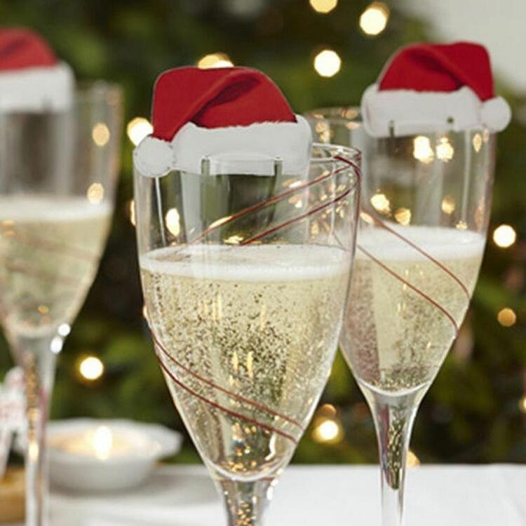 10 Stks/partij Mini Kerstversiering Hoeden Champagne Glas Decor Thuis Party Tafel Ornament Jaar: Xmas Hats