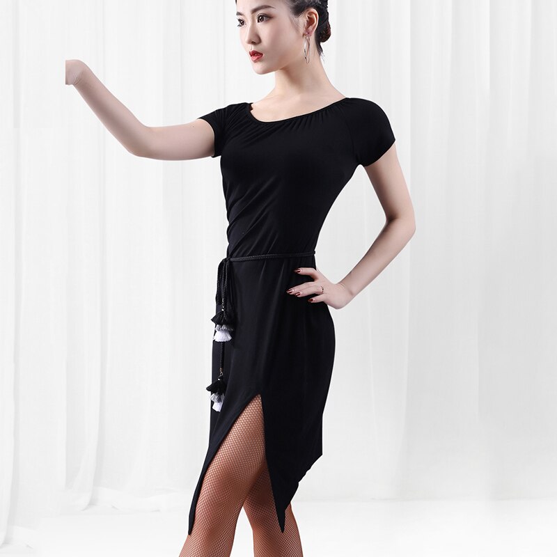 Latin Dance Dress Lady Black Round Neck Split Skirt Women Tango Cha Cha Rumba Samba Dancewear Practice Clothing Adults DNV11645