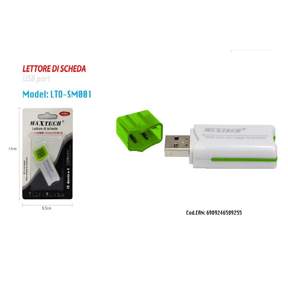 MAXTECH LTO-SM001 LETTORE DI SCHEDE carta 5in1 USB 2.0 SM SD MMC TF AD ALTA VELOCITA'