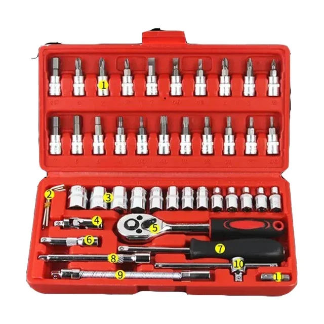 Kit de herramientas de reparación de automóviles 46/53 unid/set juego de enchufes de 1/4 pulgadas herramienta de reparación de automóviles llave dinamométrica de trinquete Combo juego de herramientas de reparación de automóviles: Negro