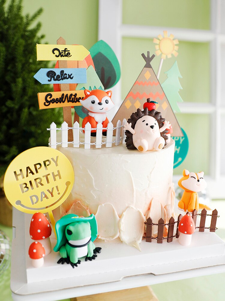 Décoration de gâteau en forme d&#39;arbre, animaux, hérisson, renard, grenouille, pour fête d&#39;anniversaire, fournitures de pâtisserie, décoration de Dessert pour réception pour bébé