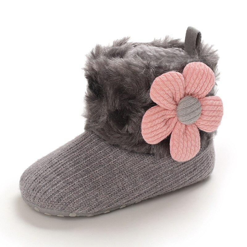 Winter Baby Cotton Shoes Plush Warm Toddler Girl First Walker Shoes Anti-Slip Infant Flower Short Boot Lightweight Soft Sole: gray / 13-18 Months