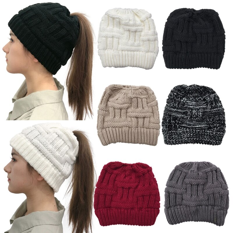 Women Winter Chunky Plaid Crochet Knitted Beanie Hat with Ponytail Hole High Messy Bun Solid Color Stretch Snow Ski Skull Cap