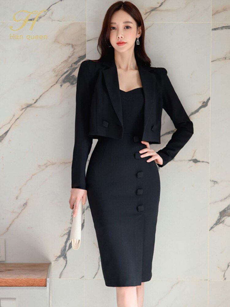 H Han Queen 2022 Summer Vestidos Korean 2 Pieces Suit Coat And Suspenders Dress Women Sheath Pencil Dresses