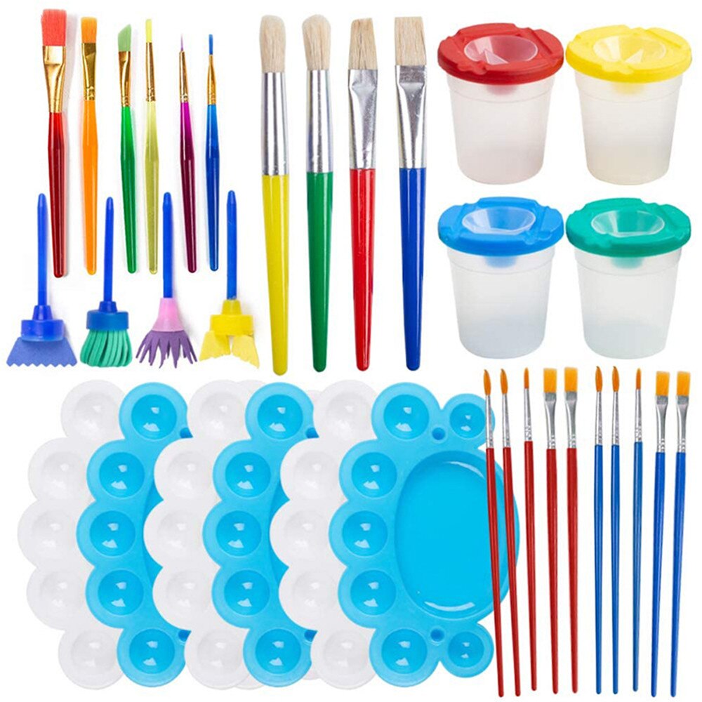 34pcs Kids Paint Supplies Paint Cups Palette Tray Multi Sizes Paint Pen Brushes Set School Art Party Kids
