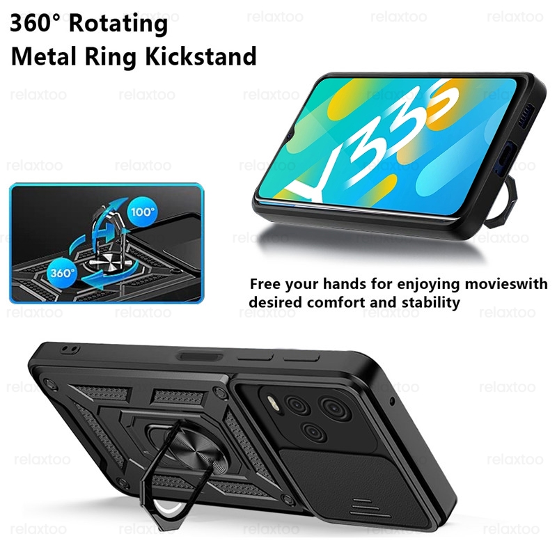 Slide Camera Shockproof Armor Case Voor Vivo Y33S Y 33S V2109 6.58 &quot;Auto Magnetische Ring Holder Stand Cover vivoy33s Beschermen Shell