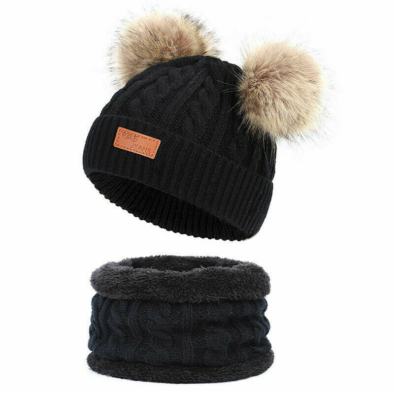 Søde 2 stk børn vinter udendørs tykt strik med dobbelt pels pom pom søde beanie hat sæt: Sort