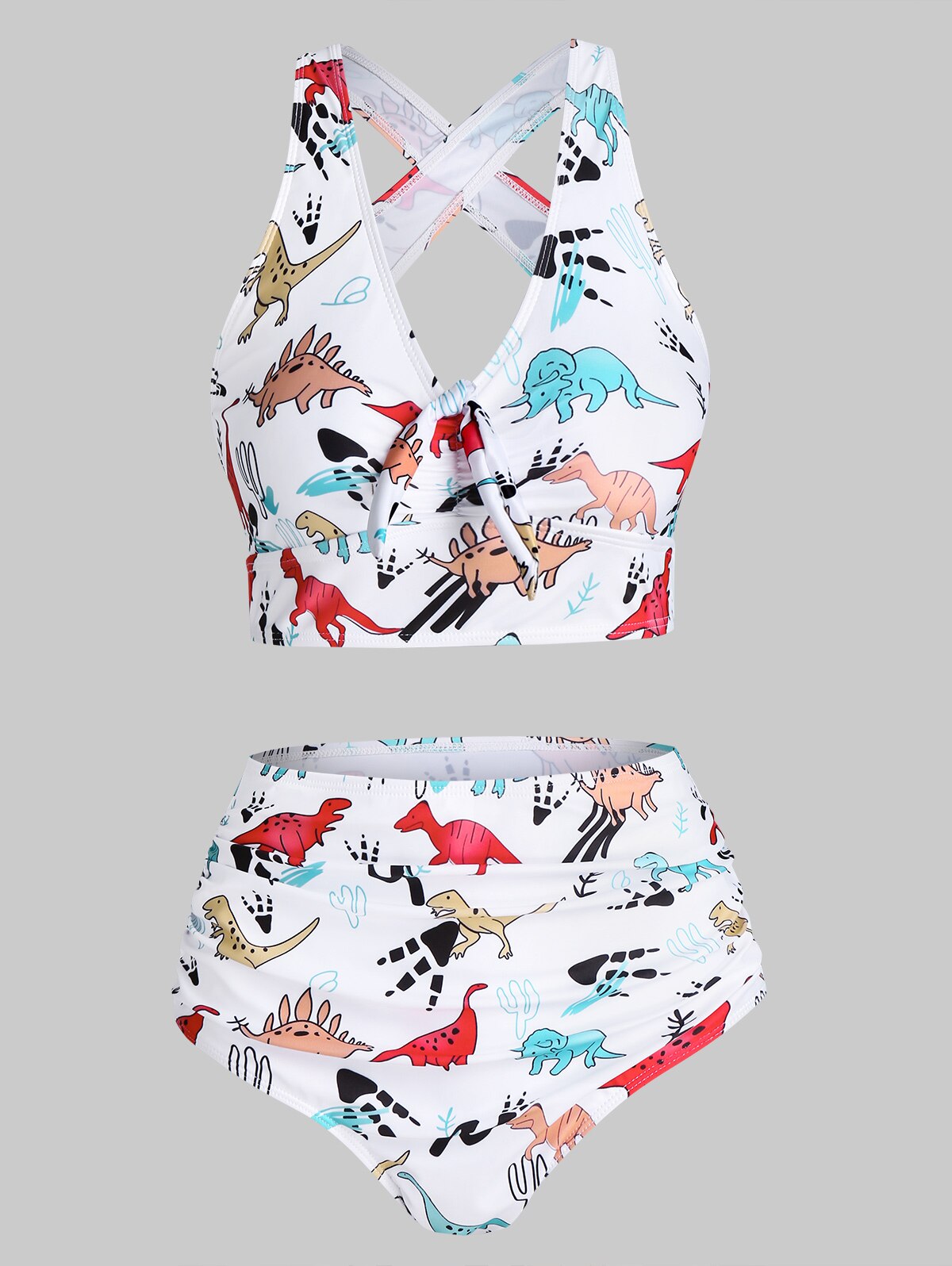 Plus Size Vrouwen Zwempakken Cartoon Dinosaurus Print Bow Detail Padded Tankini Set S ~ 3XL Zwart/Wit Zwemmen suits Beachwear: White / Xxl