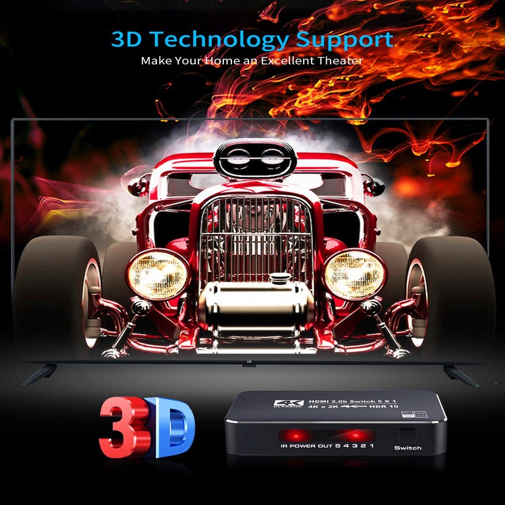 4K HDR HDMI Switch,5 Ports 4K 60Hz HDMI 2.0 Switcher Selector with IR Remote, Supports Ultra HD Dolby Vision: Black EU