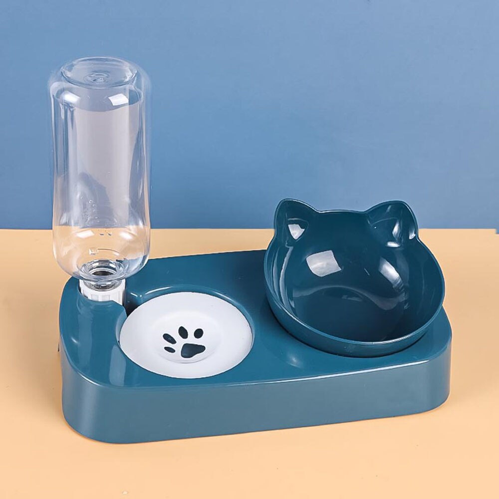 Double Cat Bowls with Stand Automatic Water Storage Dispenser Pet Dog Food Bowl 2-in-1 Splash-proof Water Container Bowl Feeder: Blue