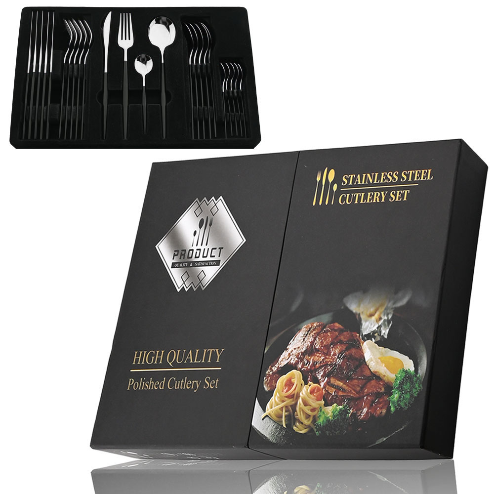 Juego de cubiertos dorados con mango negro, 24 Uds., cuchillo de acero inoxidable, tenedor, cuchara, vajilla, juego de cubiertos, vajilla de cocina para Festival,: Rojo