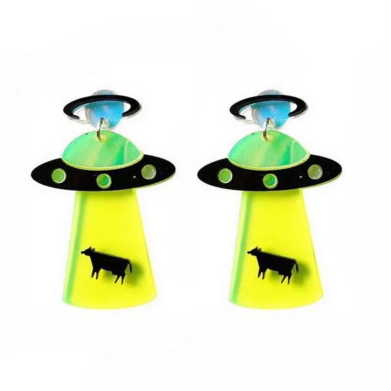 Donarsei Personality Geometric Spaceship Alien UFO Acrylic Earrings For Women Cute Avocado Earrings Blade Earrings