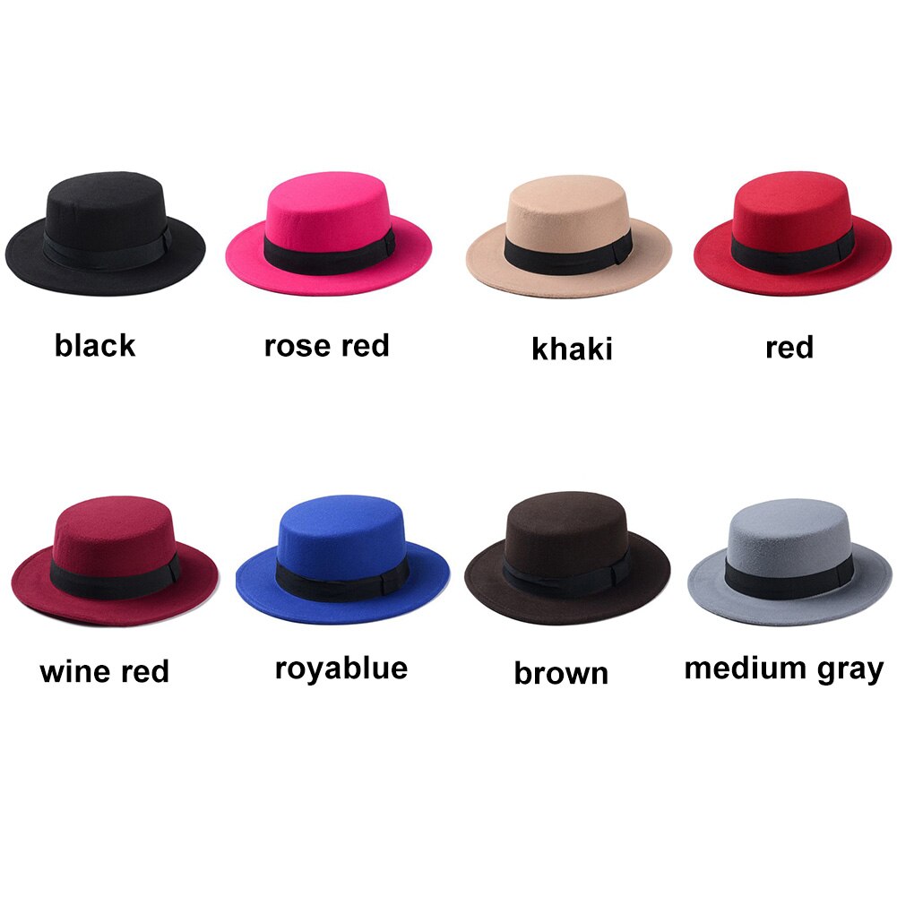 Brand Wool Boater Flat Top Hat For Women Felt Wide Brim Fedora Hat Laday Prok Pie Chapeu de Feltro Bowler Gambler Top Hat