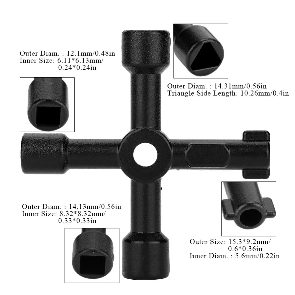 4 Way Multi-functional Universal Key Zinc Alloy Plumbers Electricians Valve Tools Black
