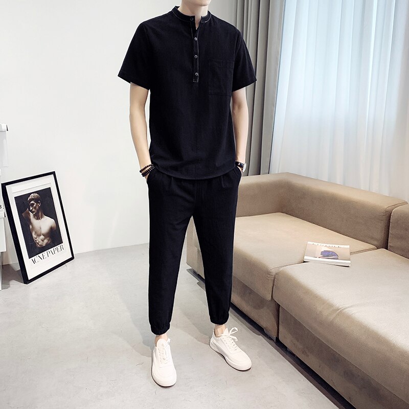 Weiß Schwarz Mandarin Kragen Han Chinesische Kleidung Für Herren 2 Pce setzt Sport Orient Bluse Und Hosen Shanghai Kostüm männer