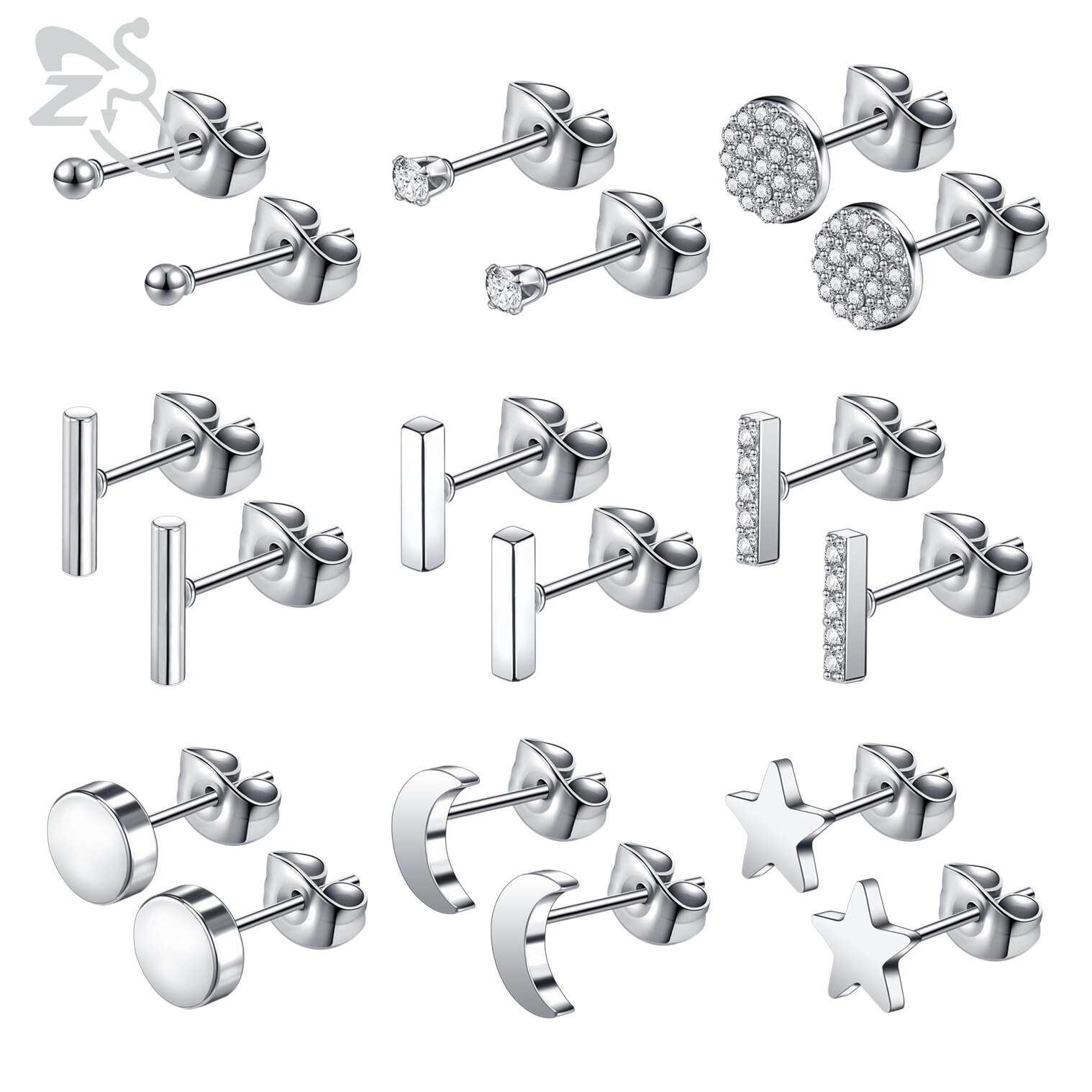 ZS 4-9pairs/lot CZ Crystal Stud Earring Set 3 Color Round Heart Star Stainless Steel Ear Helix Tragus Cartilage Piercing Jewelry: Style 4
